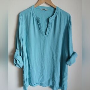 Soft Surroundings Teal Blue Tunic Top W/Tiered  Hem Roll Tab V Neck
